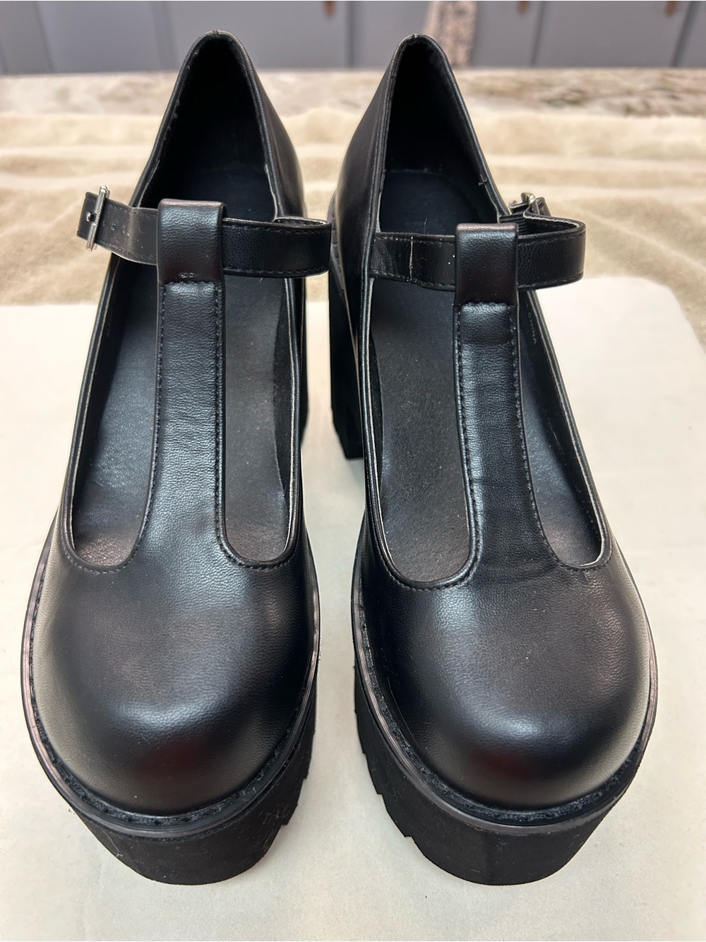 Women's Black T-Strap Platform Heels with Ankle Buckle, Size 7
